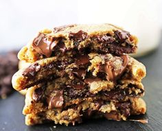 chocolate chip cookies stacked on top of each other