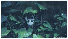 an animal in the rain surrounded by plants and leaves with a skull on it's head