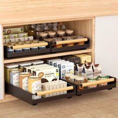 an open spice rack filled with spices and condiments