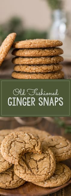 a stack of ginger snaps sitting on top of a wooden table next to a pile of cookies