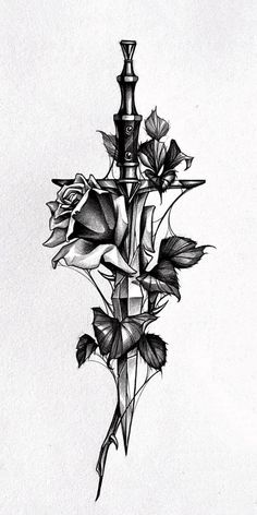 a drawing of a cross with roses on it and a knife sticking out of it