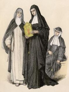 three women dressed in black and white, one holding a book while the other is wearing a nun costume