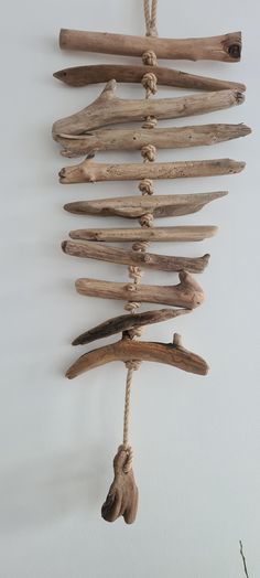 driftwood hanging on the wall with ropes attached to it's sides and an animal head in the middle