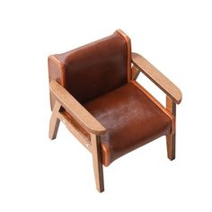 a small wooden chair with brown leather upholstered