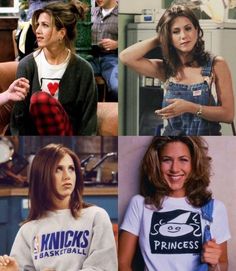 four different pictures of the same person in various outfits, one with a heart on her shirt