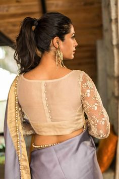 Back Button Blouse With Full Sheer Sleeves Tissue Cloth Blouse Designs, Closed Back Blouse Designs, Tissue Blouse Designs, Net Blouse Designs, Net Saree Blouse Designs, Net Sleeves, Netted Blouse Designs, Net Blouse