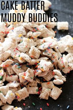 a pile of cake batter muddy buddies with sprinkles on the top and bottom