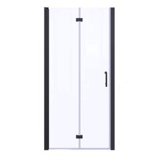 an image of a shower door on a white background with black trimmings and glass doors