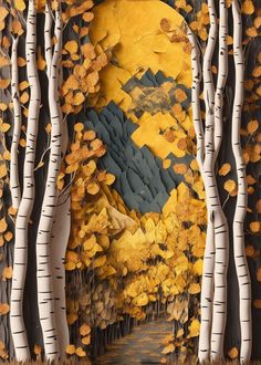 a painting of trees with yellow leaves on them