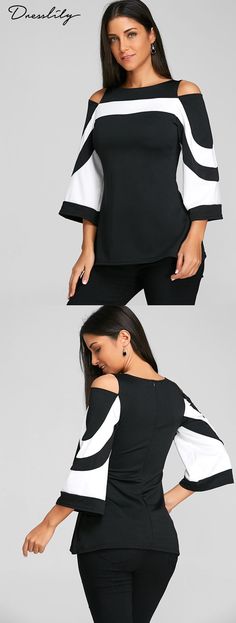 This chic two tone color blouse will easy for you taking from the boardroom to social hour. Featuring with sexy cold-shoulder cutouts, trendy 3/4 length flare sleeves, and a concealed zip closure at back.#chicblouse#falloutfit#dresslily Casual Tshirt Outfit, Cutout Tops