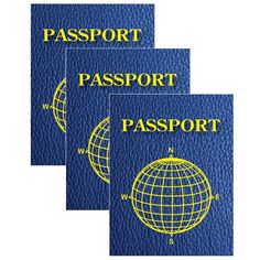 three blue passports with yellow lettering on them