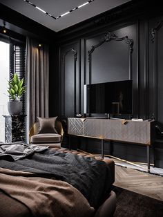 a bedroom with black walls and gold accents