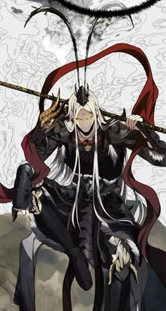 an anime character with long white hair holding two swords