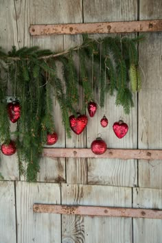 christmas ornaments are hanging on a wooden wall with pine needles and red baubles