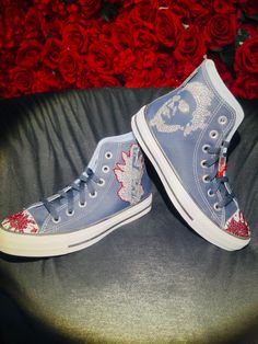 Get ready to slay this Halloween with these custom Michael Myers-inspired Converse sneakers! These one-of-a-kind kicks in Obsidian, Cloudy Daze, and White are decked out with red and silver rhinestones for a killer sparkle. Perfect for any spooky season outfit, these shoes are a women's size 6 and men's size 4. Step into the ultimate blend of comfort, style, and horror-themed bling! Custom High-top Sneakers, Custom Lace-up Sneakers, Custom Lace-up Sneakers For Streetwear, Custom Sneakers With Round Toe For Skateboarding, Custom Sneakers For Streetwear, Custom High-top Sneakers With Artwork, Customized Sneakers For Streetwear, Custom High-top Sneakers For Streetwear, Custom Low-top Sneakers For Skateboarding