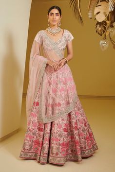 Varun Bahl | Light Pink Corsage Lehenga Gilet Set | INDIASPOPUP.COM Kali Lehenga, Desi Wear, Indian Bridal Lehenga, Embellished Blouse, Elegant Drapes