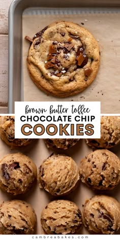 chocolate chip cookies on a baking sheet with text overlay