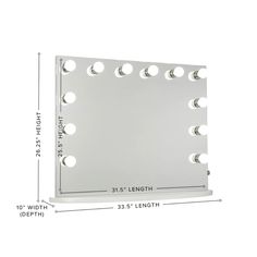 an image of a mirror with lights on the side and measurements for each light fixture