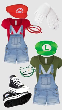 four pairs of clothing with hats and shoes on the top one is green, red, white