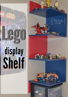 the lego display shelf is painted red, white and blue