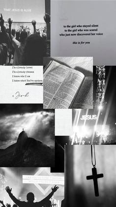 black and white collage with images of people holding hands up in the air, bibles