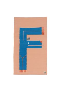 a pink and blue rug with an image of a bird on the letter f in it