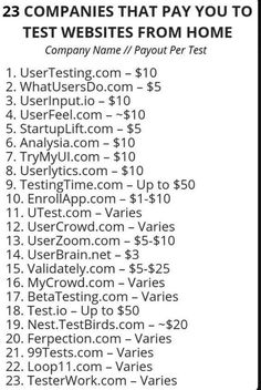 a list with the words 25 companies that pay you to test website from home