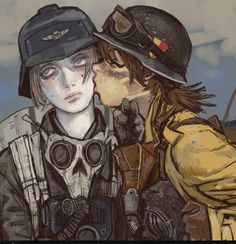 two people with helmets on, one is kissing the other's head and wearing gas masks