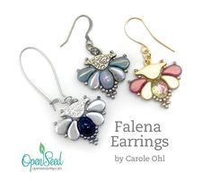 the earrings are made from glass and have flower designs on each earring, which is also