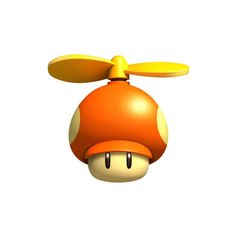 an orange mushroom with a yellow propeller on it's head is in front of a red and white background