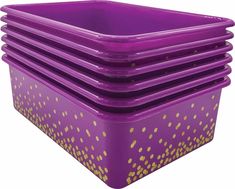 six purple plastic containers with gold dots on them