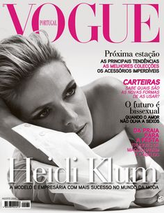 a woman laying on top of a white bed next to a magazine cover with the word voque written in spanish