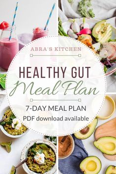 the healthy gut meal plan is shown with avocado and other foods