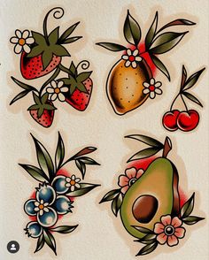 an assortment of fruit and flowers on a white paper background, including strawberries, pears, cherries, and leaves