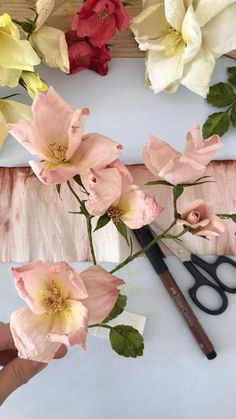 someone is cutting flowers with scissors on the table