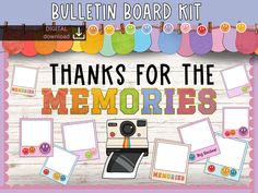 a bulletin board with pictures and text that says, thanks for the memories