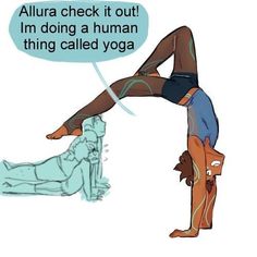 a woman doing a yoga pose with an ad above her head that says, allura check it out i'm doing a human thing called yoga