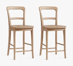 two wooden stools side by side against a white background, one with a bent back and the other without