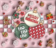 a merry christmas card with gingerbreads and other holiday decorations on pink tile background