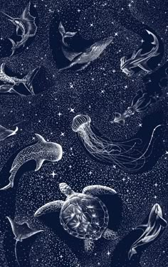 an ocean scene with jellyfish and sea animals in the sky, all drawn by hand