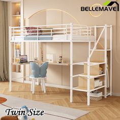 a white bunk bed with desk underneath it in a room that has hardwood floors and beige walls