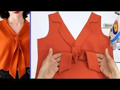 a woman is making an orange top with a bow at the front and bottom, while another photo shows how to tie it up