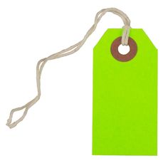 a green tag hanging from a string on a white background with a brown circle in the middle