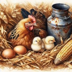 an image of chickens and eggs in the nest with corn on the cob next to it