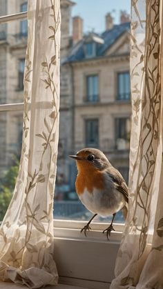 a small bird sitting on top of a window sill next to an open curtain