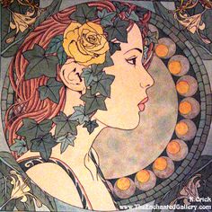 a painting of a woman's face with leaves and roses on her head, in front of a full moon