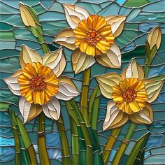 three yellow daffodils on a stained glass background