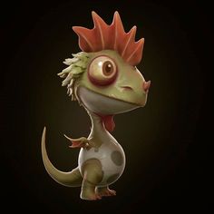 a cartoon lizard with an orange mohawk on it's head, standing in front of a black background