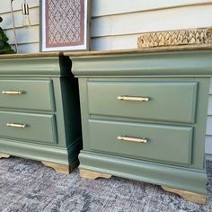 two green dressers side by side in front of a house