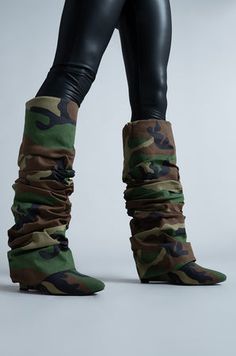 AZALEA WANG ZUMMA CAMO RUCHED WEDGE BOOT Platform Heels Boots, Wedge Heel Boots, Thigh High Boots Heels, Azalea Wang, Women's Slip On Shoes, Animal Print Shoes, Boots Knee, Boot Socks, Lace Up Heels